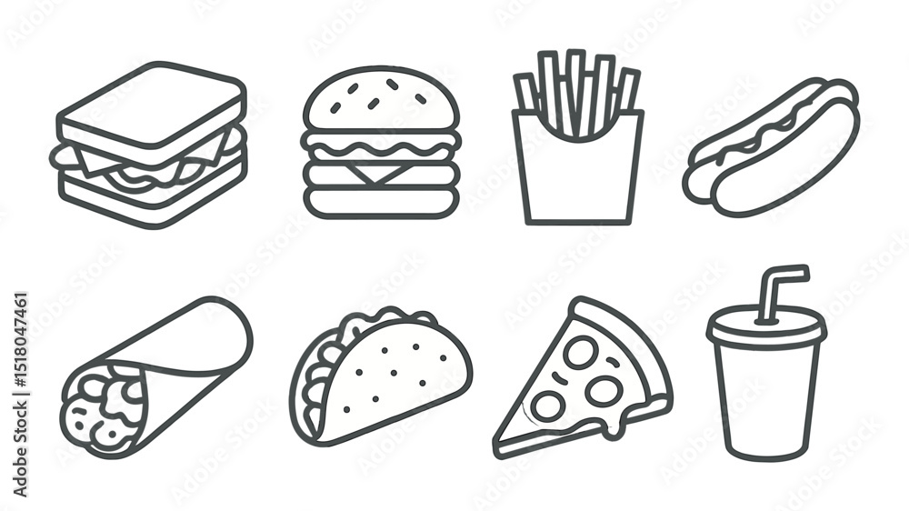 Fast food icon set. burgers, pizza, hot dog, taco, drink, linear vector icons.