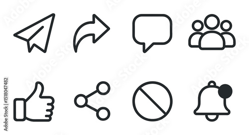 Basic communication icon set. symbolic flat icons: message, bell, share, group, mute vector icons.