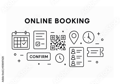 Online booking set. reservation linear icons. calendar, qr, ticket, clock, location vector icons.