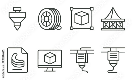 3d printing tool set. linear industrial tools: nozzle, filament, cad, frame, cnc vector icons.