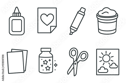 Craft supply set. arts and crafts linear icons: glue, paper, marker, scissors vector icons.