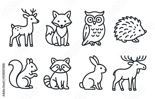 Animal icon set. woodland creature linear icons: deer, fox, owl, hedgehog, vector icons