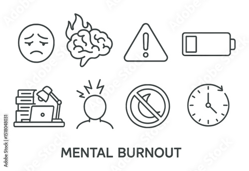 Mental burnout icon set. stress, brain, alert, battery, work, rest flat vector icons