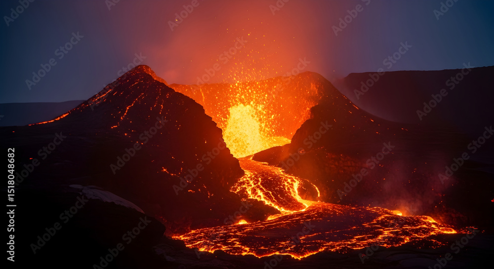 Fototapeta premium Erupting Volcano at Night, Hot Lava Flowing