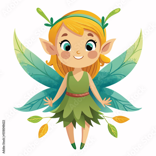 Charming Cartoon Fairy with Delicate Wings, Wearing a Forest Green Dress Illustration