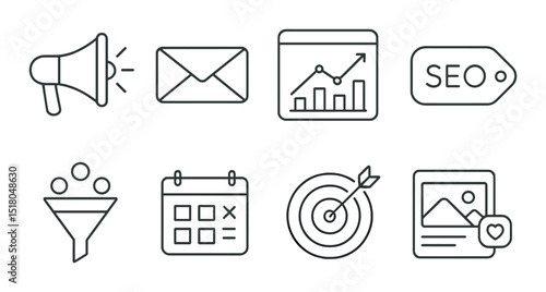 Marketing icon set. business tools flat icons. megaphone, email, seo, analytics vector icons.