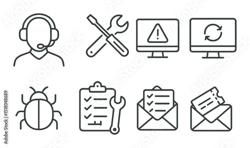 Tech support icon set. customer service silhouette icons. headset, bug, wrench, email vector icons.
