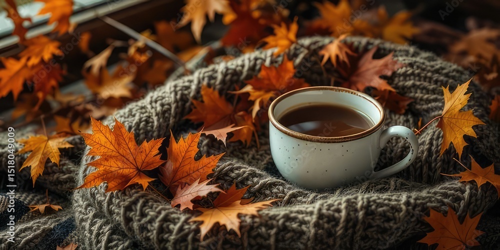 Autumn Cozy Hygge Still Life with Oak Leaves and Cup Autumn Cozy Hygge Still Life with Oak Leaves and Cup