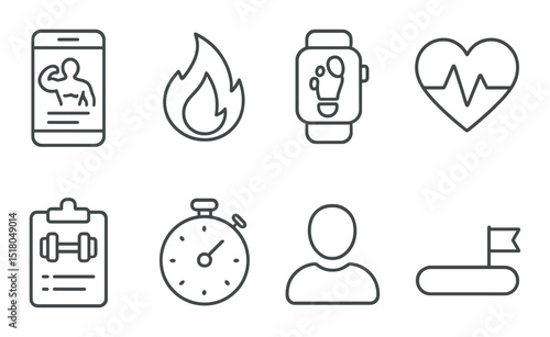 Fitness app icon set. workout, heart rate, stopwatch, silhouette exercise vector icons.