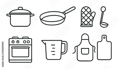 Kitchen tool set. cooking equipment linear icons. pot, pan, oven, apron, glove vector icons.