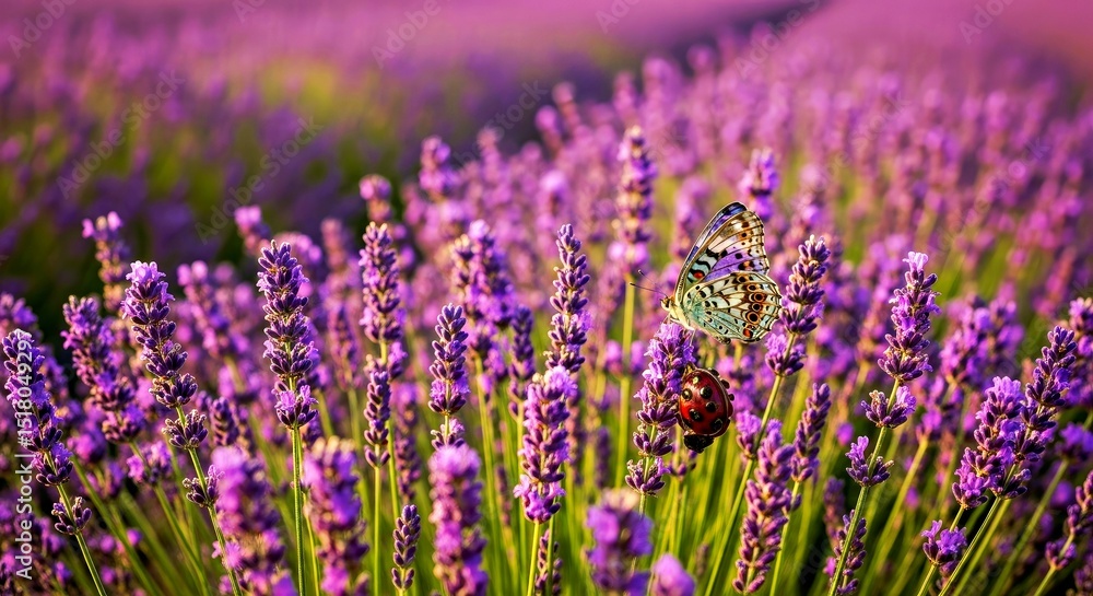 Fototapeta premium Beautiful Butterfly Ladybug Lavender Flowers Panoramic View Nature Garden Scene
