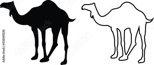 Desert camel flat, outline vectors silhouette set. Sand animal transport, egypt arab travel mammal with hump, camel portrait illustration signs. Elements for holiday of sacrifice and for eid al-adha.