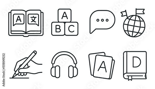 Language learning set. educational tools linear book, globe, headphones, cards vector icons