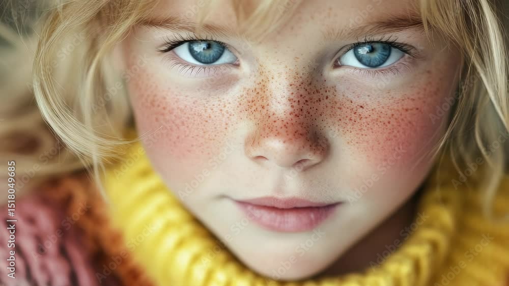 A portrait of a young girl with bright blue eyes and fair skin marked by noticeable freckles. A portrait of a young girl with bright blue eyes and fair skin marked by noticeable freckles.