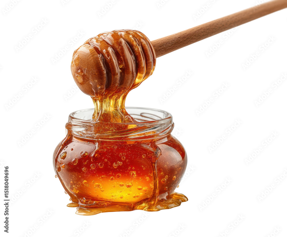 Drizzling honey from a wooden dipper kitchen table food bright view isolated on transparent background Drizzling honey from a wooden dipper kitchen table food bright view isolated on transparent background
