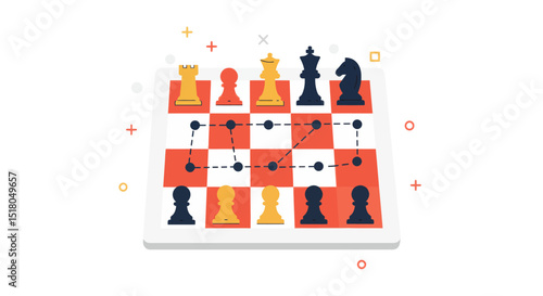 Illustration of strategic chess moves and gameplay on a colorful board with highlighted squares and pieces