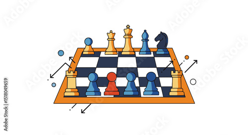 Illustration of a strategic chess game setup with colorful pieces and directional arrows