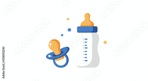 Illustration of baby feeding bottle and pacifier with blue and orange accents on white background