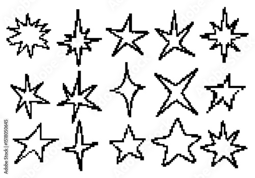 Pixel Star Outline Element Collection. A bold collection of fifteen pixelated star outline elements in retro jagged styles including starbursts diamonds sparkles. Perfect for vintage pixel art
