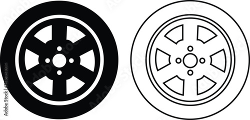 Black rubber wheel tire flat, outline icon set. Car tire tread tracks, motorcycle racing, dirty track. Tyre road maintenance vectors illustration automobile. Transport symbol on transparent background