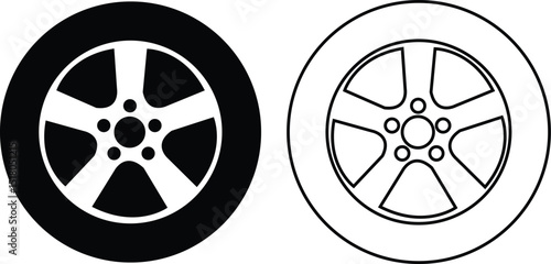 Black rubber wheel tire flat, outline icon set. Car tire tread tracks, motorcycle racing, dirty track. Tyre road maintenance vectors illustration automobile. Transport symbol on transparent background