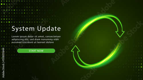 Green System Update Page. Upgrade Software version concept. Computer Program Upgrade. Synchronization icon. Two arrows go round. Refresh Process. Currensy Exchange. Money Transfer. Recycle Symbol.