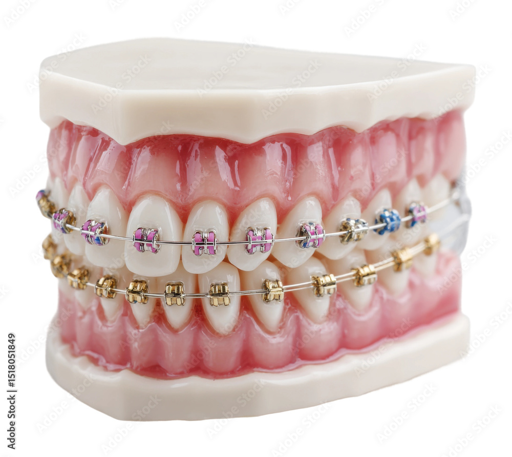 Obraz premium Dental orthodontic braces model dental clinic educational tool clinical environment front view isolated on transparent background