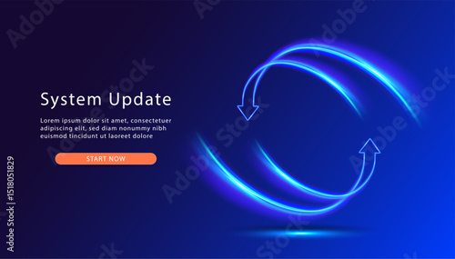 Update process. Install new software, operating system, update support. Web page with updating progress bar. Two glowing arows go round.