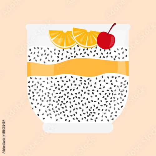 Chia pudding in glass jar. Chia delicious dessert with orange and cherry. Healthy breakfast with chia seeds. Vector illustration.