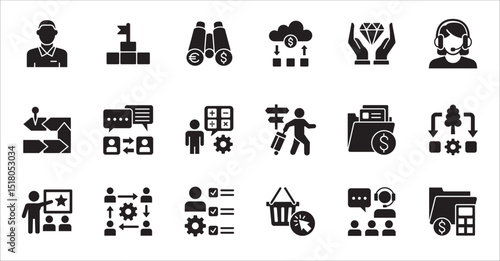 Business company and Management icon set. Contains symbol of teamwork, target, market, global, success, customer service, leadership, holiday, asset, meeting, entrepreneur. Vector illustration