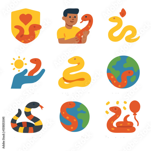 World snake day set of nine colorful illustrations featuring snakes suitable for educational materials, wildlife conservation campaigns, and reptilerelated designs.