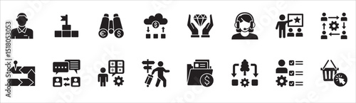 Business and management icon set. Contains symbol of businessman, target, leadership, progress, holiday, data, stock, market, accounting, training, resource, finance, service. Vector illustration