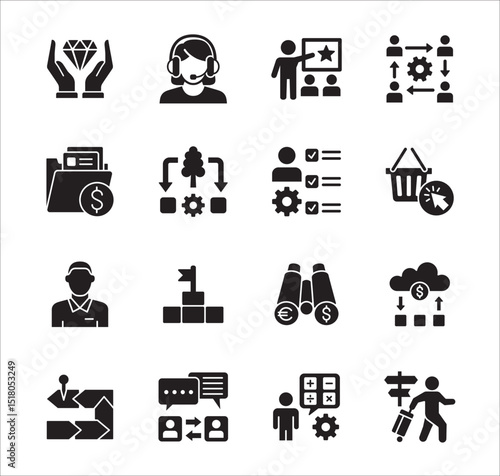Business company Icon set. Management icon set. Contains symbol of teamwork, data, asset, stock, resource, employee, businessman, target, finance, holiday, meeting, progress. Vector illustration