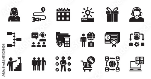 Business company and Management icon set. Contains symbol of teamwork, target, market, global, success, customer service, leadership, holiday, asset, meeting, entrepreneur. Vector illustration