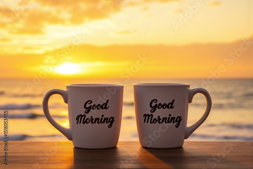 Two cups of coffee sitting on top of a wooden table