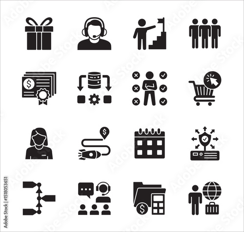 Business company Icon set. Management icon set. Contains symbol of teamwork, data, asset, stock, resource, employee, businessman, target, finance, holiday, meeting, progress. Vector illustration