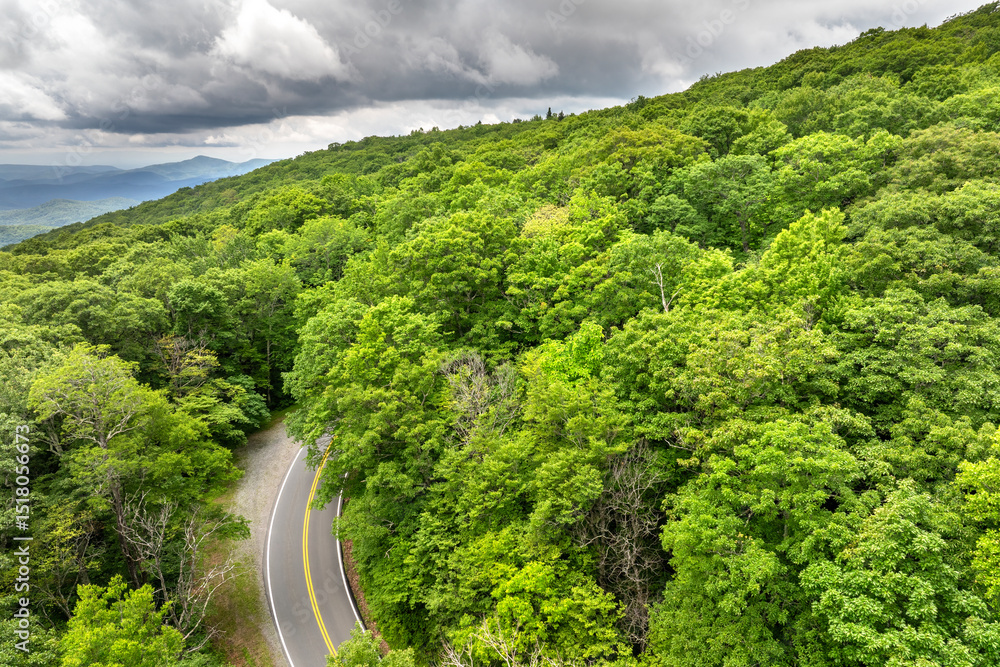 Fototapeta premium Road trip driving in Tennessee Appalachian mountains. Winding parkway in mountain forest with green canopies in summer rain season