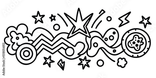 Doodle art with stars, circles, zigzags isolated on white background