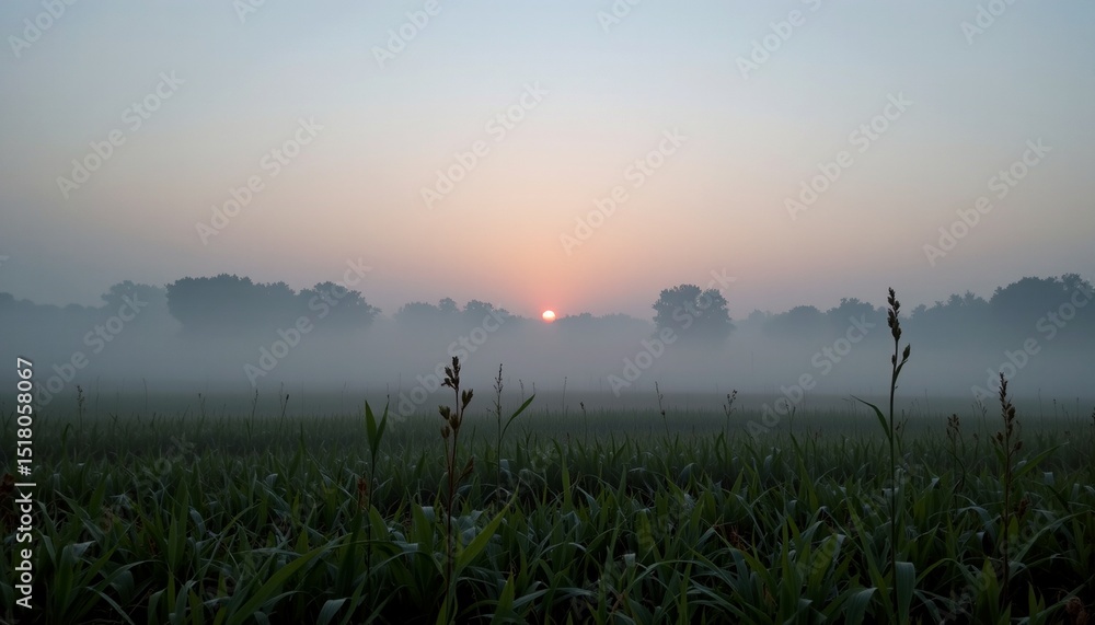 Obraz premium foggy grassland at dawn with cool tones and soft silhouettes of plants in foreground