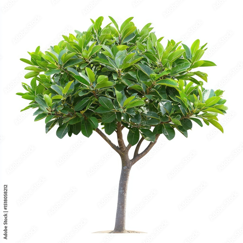 Obraz premium Single new tree with symmetrical growth and lush green leaves stands prominently against white background, symbolizing vitality and nature beauty