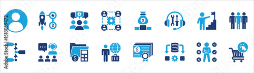 Business and management icon set. Contains symbol of businessman, target, leadership, progress, holiday, data, stock, market, accounting, training, resource, finance, service. Vector illustration