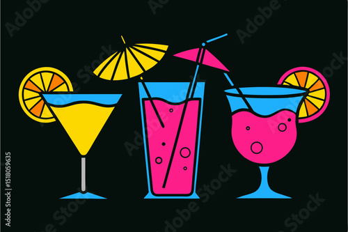 Colorful summer cocktails with fruit garnishes on black background  