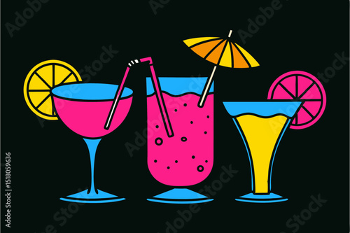 Colorful summer cocktails with fruit garnishes on black background  