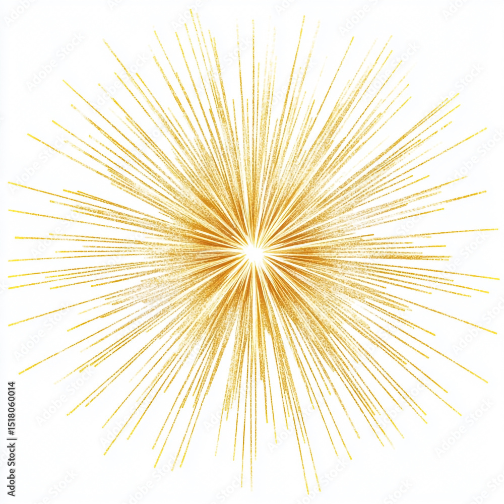 Fototapeta premium Abstract golden burst radiating light with textured lines on a clean white background suitable for celebrations and graphic design projects.