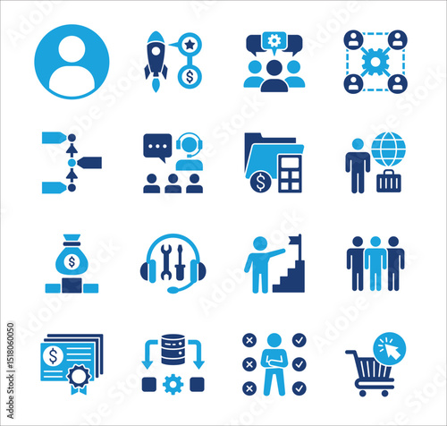 Business company Icon set. Management icon set. Contains symbol of teamwork, data, asset, stock, resource, employee, businessman, target, finance, holiday, meeting, progress. Vector illustration