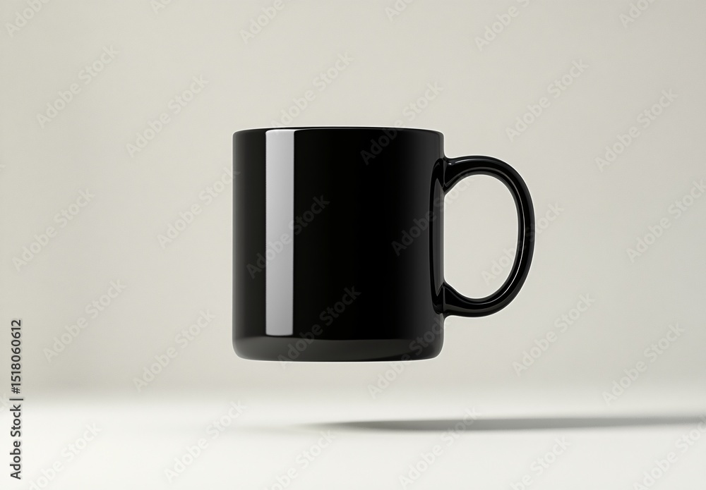 A sleek, black ceramic mug levitating against a light background, creating a modern and minimalist aesthetic. A sleek, black ceramic mug levitating against a light background, creating a modern and minimalist aesthetic.