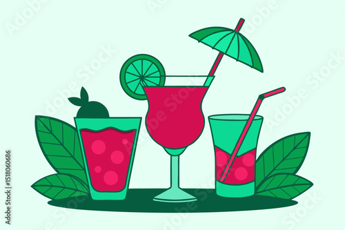 Colorful summer cocktails illustrated with garnishes and umbrellas  
