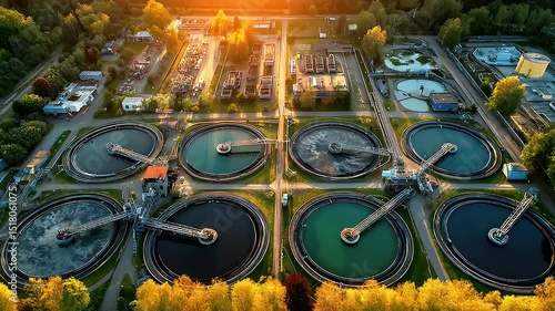 Aerial view of a modern wastewater treatment facility with circular tanks and green surroundings at sunset