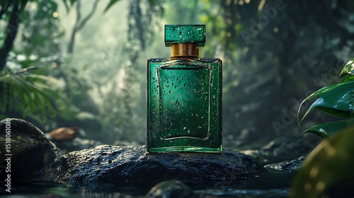 Luxury green perfume bottle with water drops placed in tropical jungle environment

