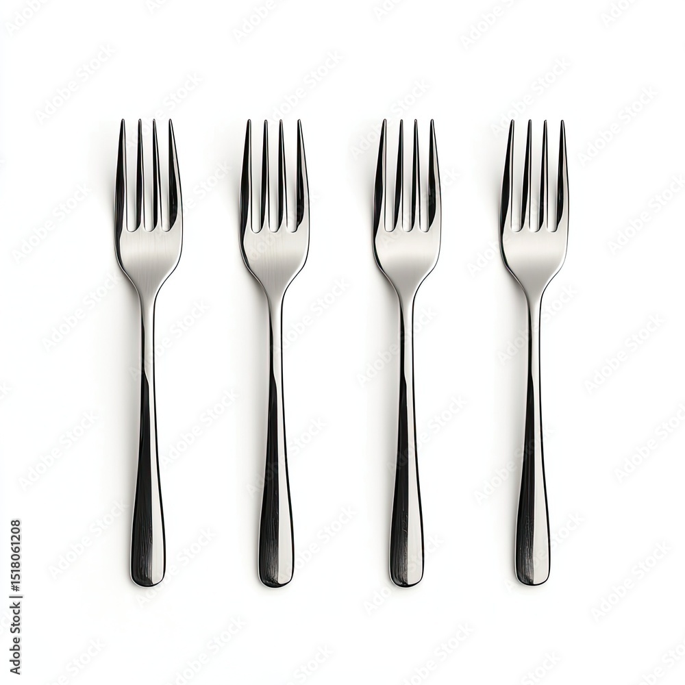 Set of four stainless steel salad forks arranged neatly on white background, showcasing their sleek design and polished finish, perfect for elegant dining experiences Set of four stainless steel salad forks arranged neatly on white background, showcasing their sleek design and polished finish, perfect for elegant dining experiences
